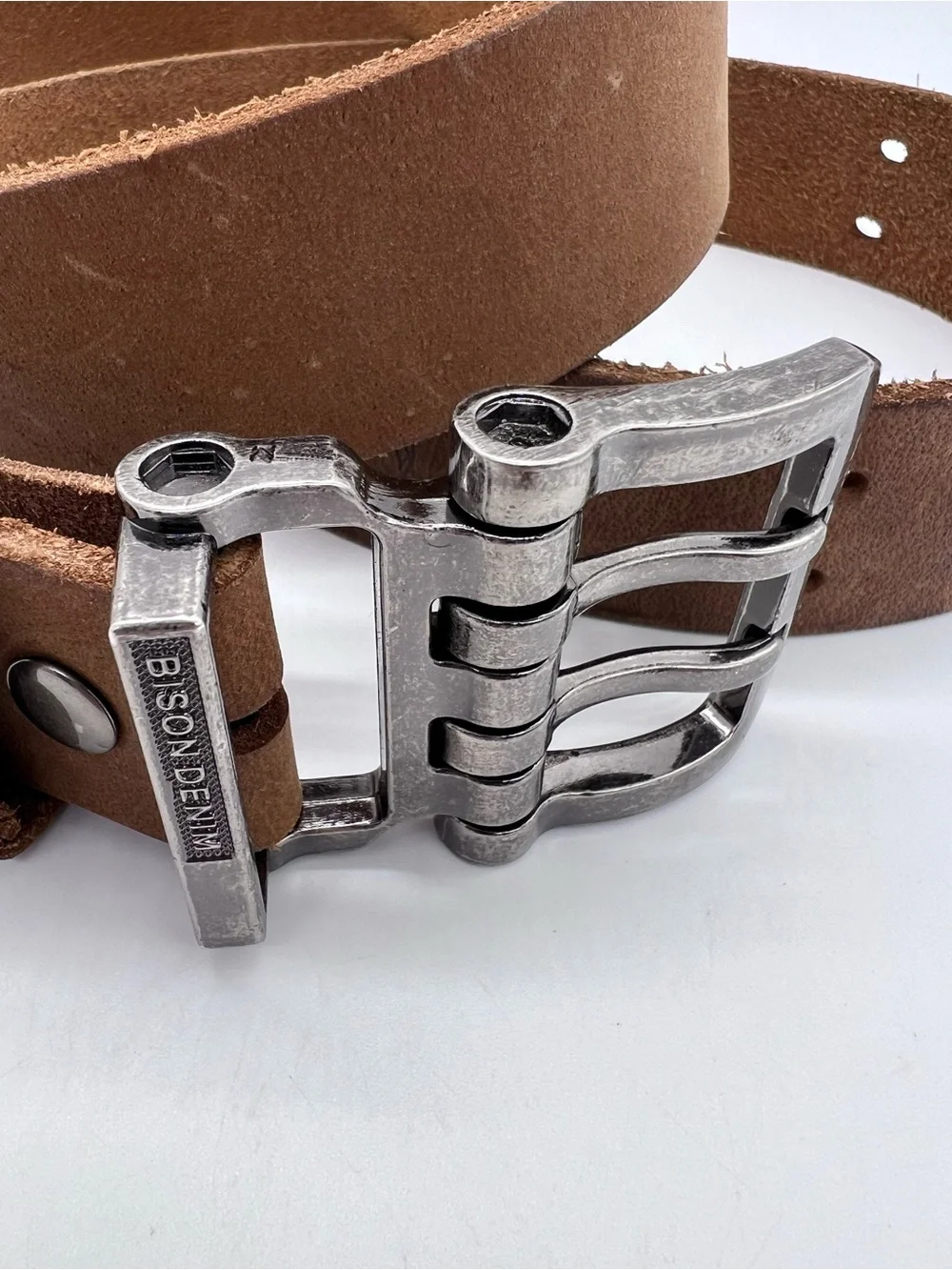 Bison Denim Men’s Brown Leather Belt with Brushed Metal Buckle